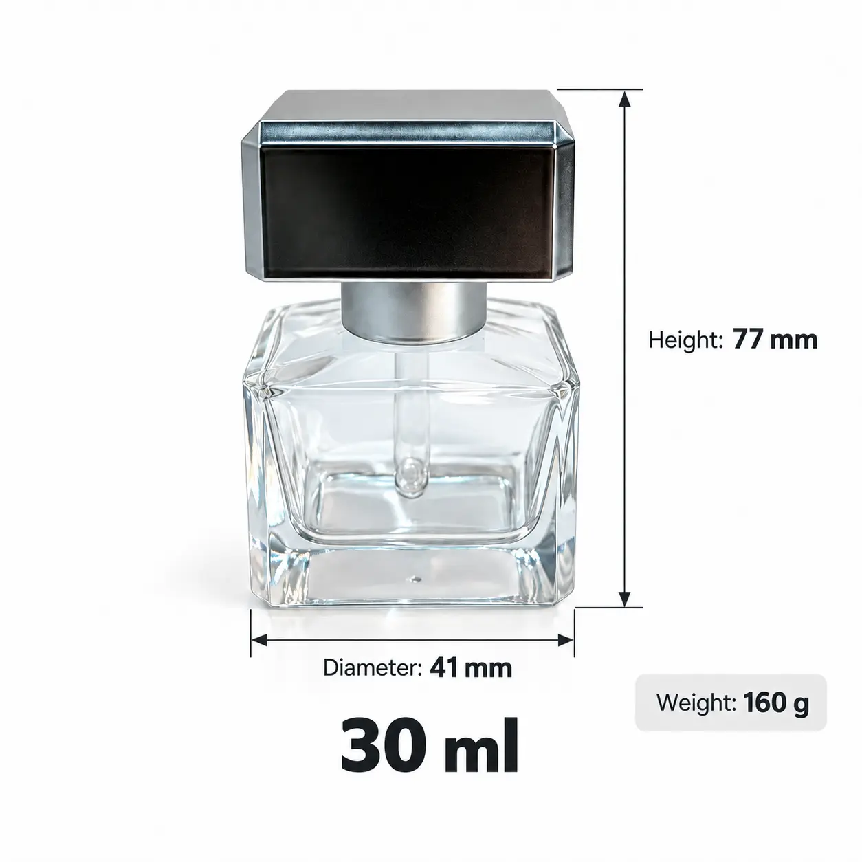 30ml Dimensiones y capacidad del frasco de vidrio cuadrado para serum 30ml dimensiones del frasco de vidrio cuadrado para serum que muestran el tamaño montado confirmado de 41 × 77 mm y la capacidad de 30ml