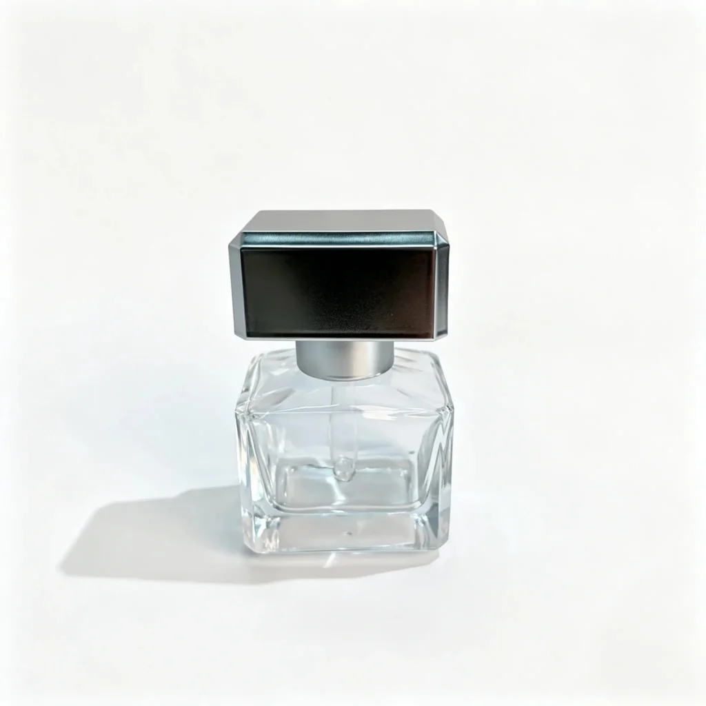 30ml frasco de vidrio cuadrado para serum mostrado desde el frente con el cierre montado
