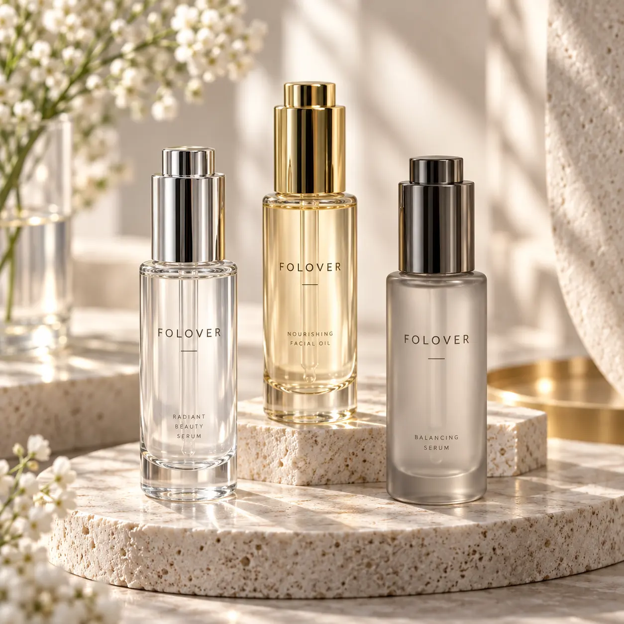 30ml tall glass serum bottles displaying different logo printing and decorative color references for custom skincare packaging