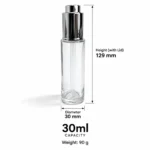 30ml tall round glass serum bottle dimensions showing a 30mm diameter, 129mm assembled height, 103mm bottle height without cap, and 90g weight