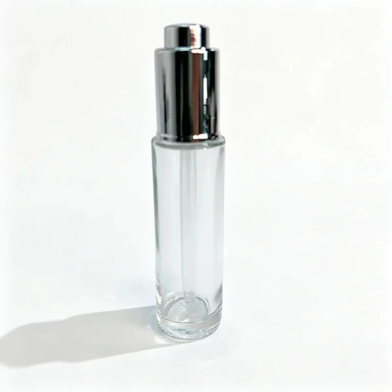 30ml tall round glass serum bottle shown from the front with its assembled closure and slim cylindrical body