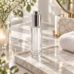 30ml tall round glass serum bottle displayed in a skincare product presentation setting with its elongated bottle profile