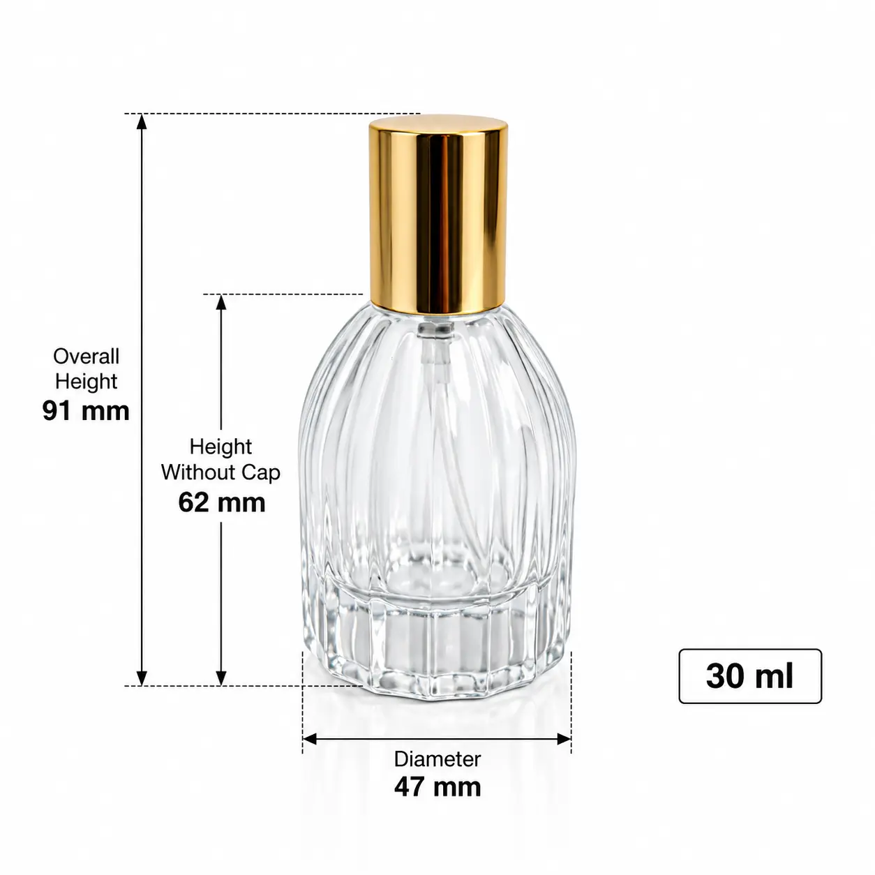 30ml Butelka perfum Teardrop – wymiary i pojemność Schemat wymiarów butelki perfum Teardrop 30ml z podaną średnicą 47 mm, całkowitą wysokością 91 mm, wysokością bez kapturka 62 mm oraz pojemnością 30ml.
