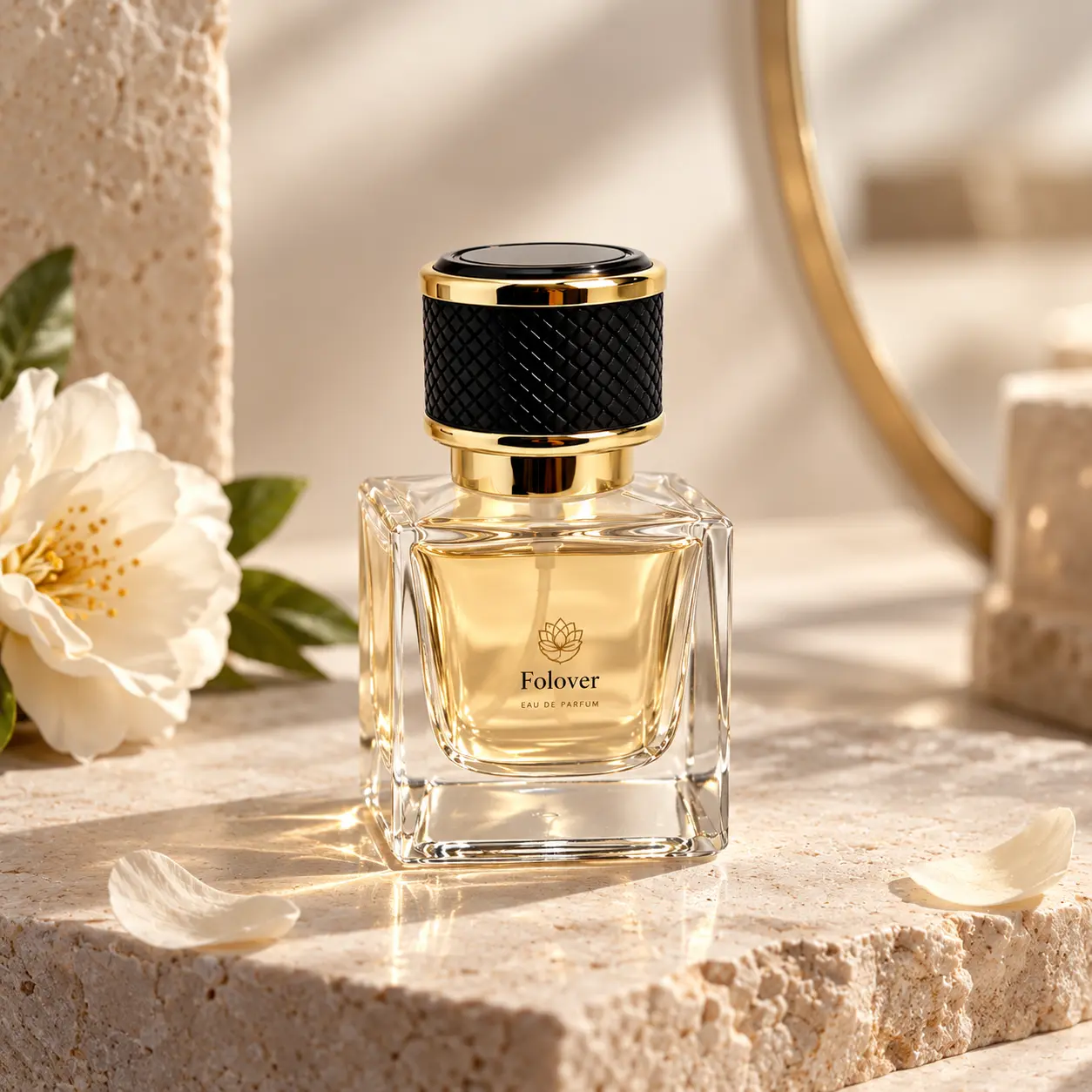 30ml V-Cut Glass Perfume Bottle – Fragrance Display Scene 30ml V-cut glass perfume bottle with its square faceted body and black woven cap with gold trim presented in a fragrance display setting.