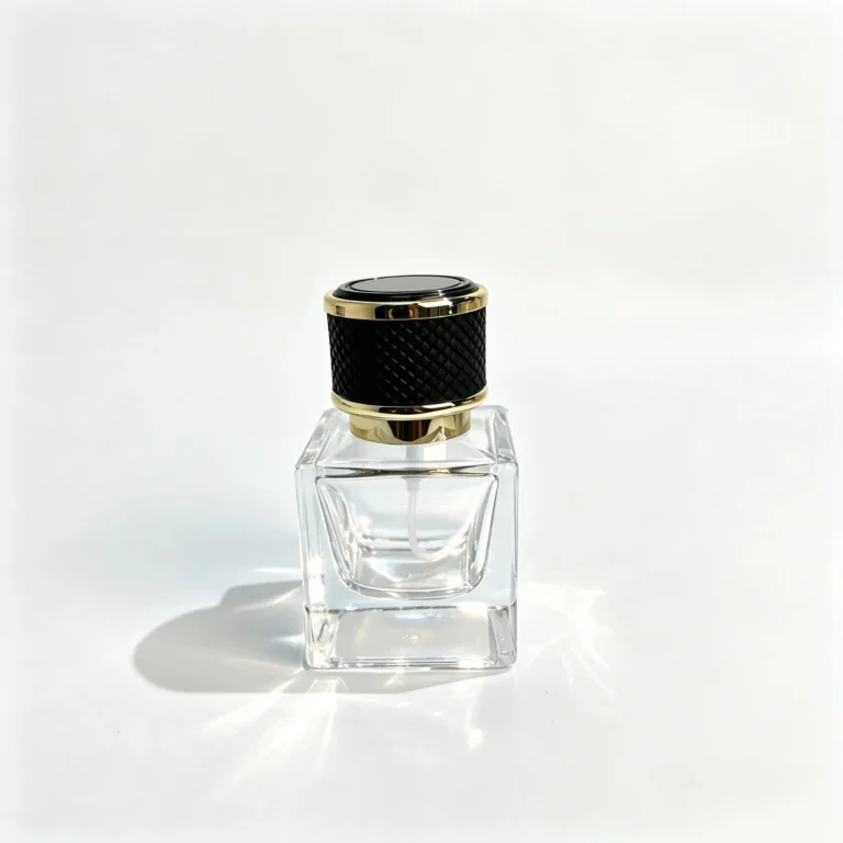 Front view of the 30ml V-cut square glass perfume bottle with a thick geometric body and black diamond-weave cap featuring gold trim.