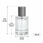 Dimension diagram of the 30ml vertical ribbed perfume bottle showing its 44 mm diameter, 87 mm assembled height, and 58 mm height without the cap.
