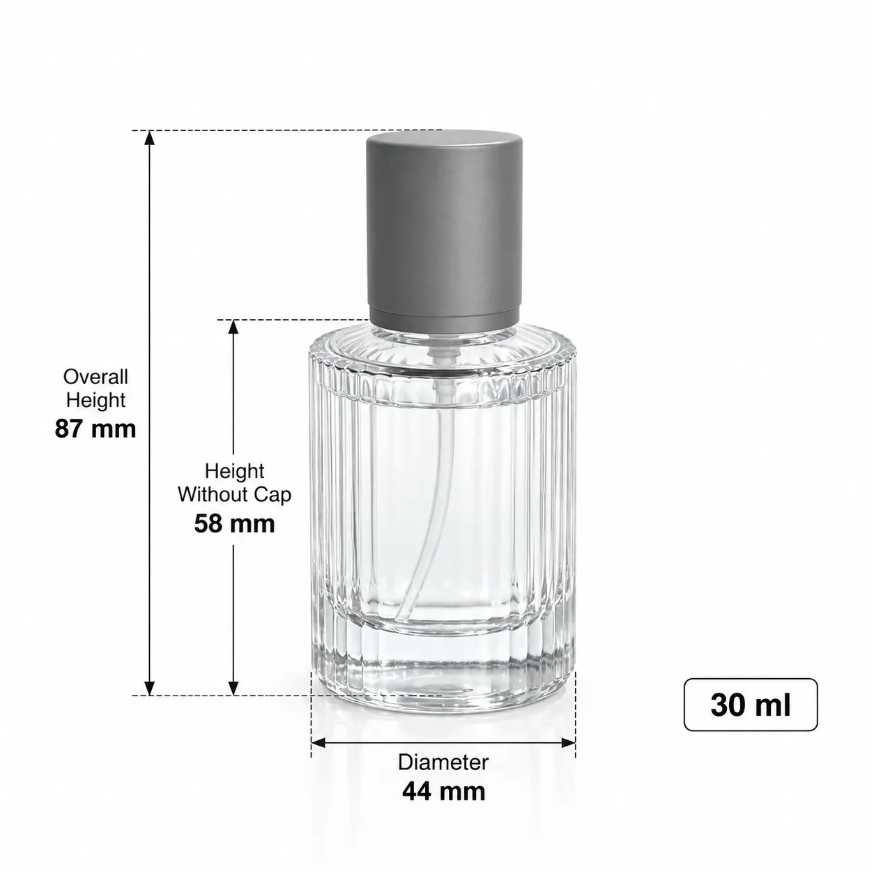 30ml dikey yivli parfüm şişesinin 44 mm çapını, kapaklı 87 mm toplam yüksekliğini ve kapaksız 58 mm şişe yüksekliğini gösteren ölçü şeması.