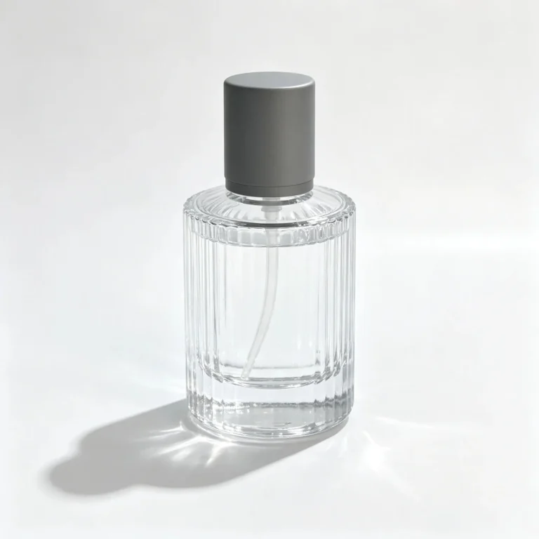 Front view of the 30ml vertical ribbed perfume bottle with its decorative cap and cylindrical fragrance packaging design.