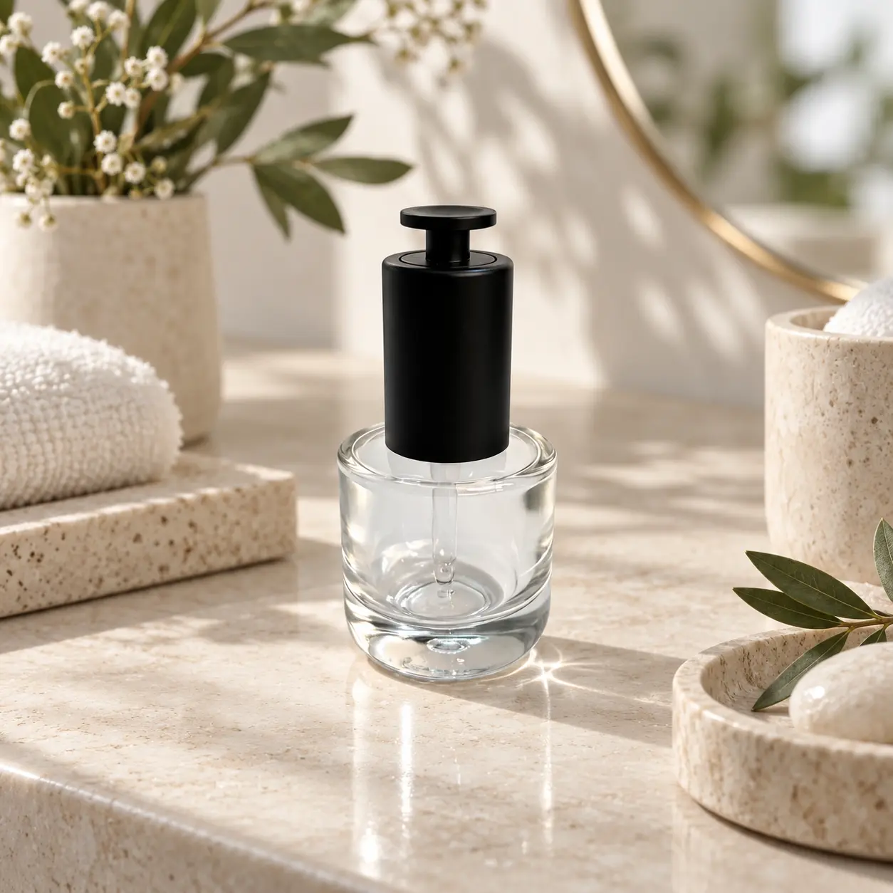 30ml boccetta contagocce cosmetico presentato in una scena di prodotto per il confezionamento skincare