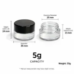 Dimension diagram of the 3g clear glass cream sample jar showing a 25 mm opening diameter, 35 mm bottom diameter, 24 mm overall height with cap, and 21 mm jar height without cap.