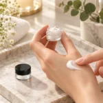 3g clear glass face cream sample jar presented in a skincare application setting to illustrate its compact packaging format.