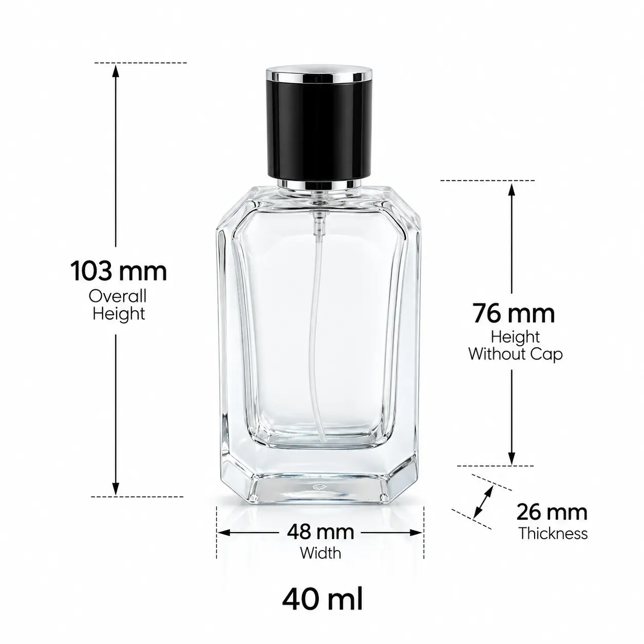 40ml Beveled Perfume Bottle – Dimensions and Capacity 40ml beveled perfume bottle dimension diagram showing its 48 mm width, 26 mm depth, 103 mm assembled height, and 76 mm height without the cap.
