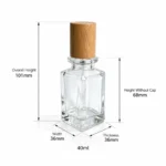 Dimension diagram of the 40ml square perfume bottle showing its 36 × 36 mm footprint, 101 mm assembled height, 68 mm bottle height without the wooden cap, and 109 g weight.