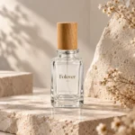 40ml square perfume bottle with a straight wooden cap presented in a fragrance display setting, highlighting the combination of geometric bottle design and wood.