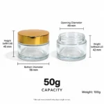 50g şeffaf krem kavanozu ölçüleri; 49 mm ağız çapı, 56 mm taban çapı ve altın kapaklı 45 mm toplam yükseklik