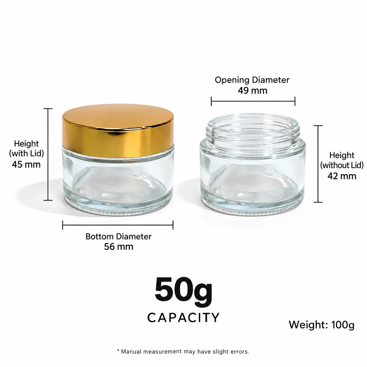 50g 투명 크림 자 치수 및 용량 49 mm 개구부 직경, 56 mm 바닥 직경 및 골드 리드 포함 전체 높이 45 mm를 보여주는 50g 투명 크림 자 치수