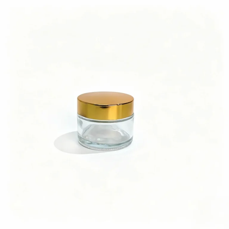50g clear cream jar shown from the front with its transparent container body and assembled gold screw lid