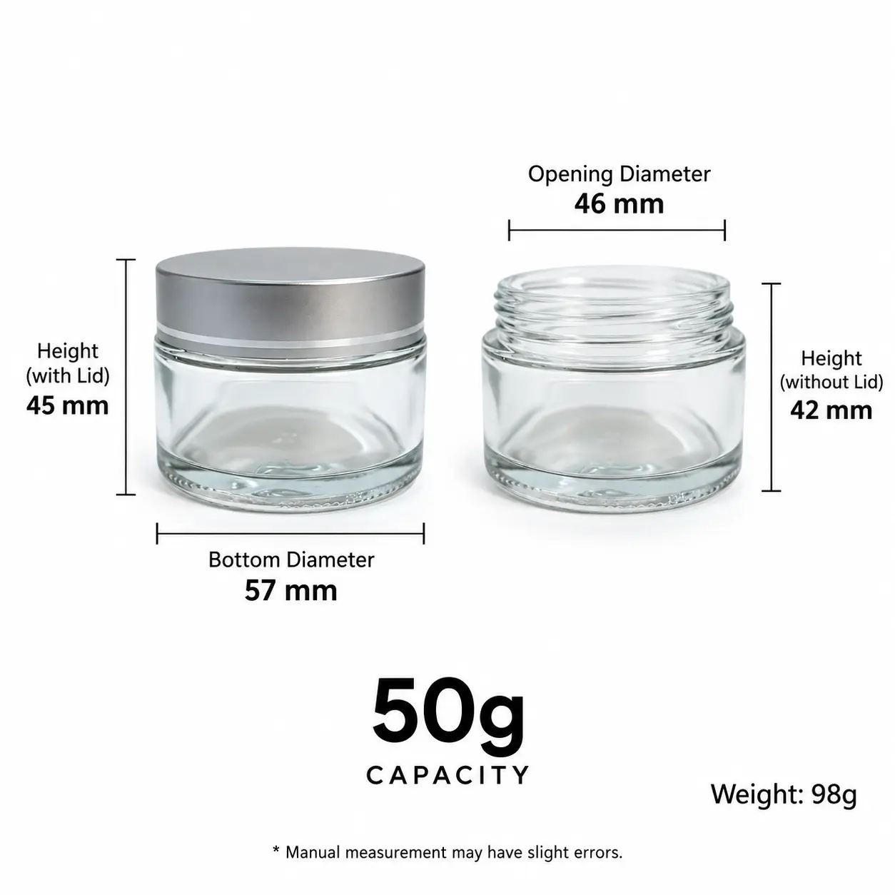 50g dimensões do boião de creme de vidro transparente mostrando um diâmetro de abertura de 46 mm, um diâmetro de base de 57 mm e uma altura total de 45 mm com tampa prateada
