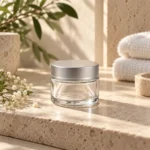 50g clear glass cream jar with a silver lid displayed in a skincare product presentation setting