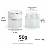 Dimensiones del tarro de crema esmerilado de 50g que muestran una boca de 39 mm, un diámetro inferior de 54 mm y una altura total de 63 mm con la tapa blanca