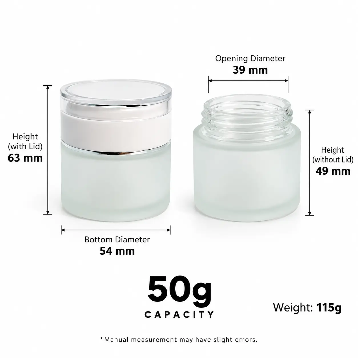 Dimensiones del tarro de crema esmerilado de 50g que muestran una boca de 39 mm, un diámetro inferior de 54 mm y una altura total de 63 mm con la tapa blanca
