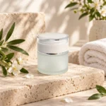 50g frosted cosmetic cream jar with a white screw lid displayed in a skincare product presentation setting