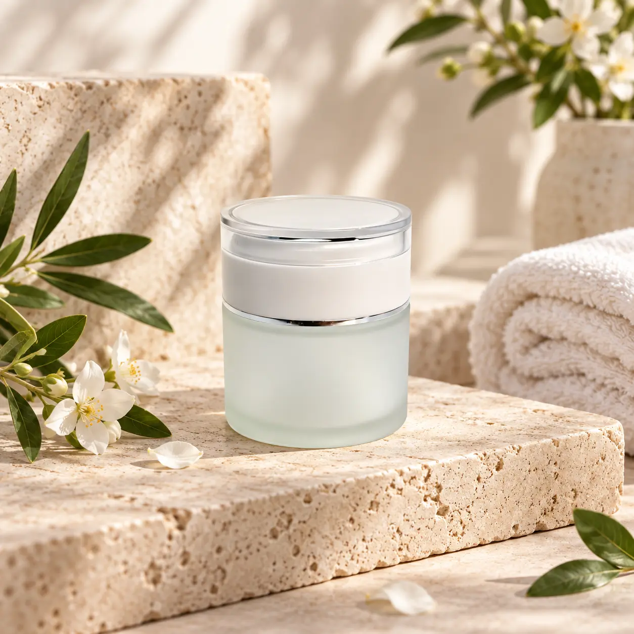Tarro cosmético de crema esmerilado de 50g con tapa blanca exhibido en una escena coordinada de envases para productos de cuidado de la piel