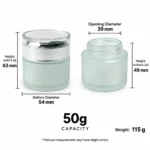 50g 프로스티드 글라스 크림 자의 치수 다이어그램으로, 39 mm 개구부 직경, 54 mm 바닥 직경, 캡 포함 63 mm 전체 높이, 캡 제외 49 mm 자 높이를 보여줍니다.