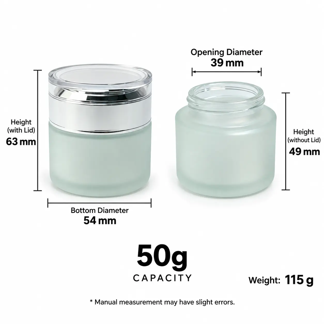 50g 프로스티드 글라스 크림 자 – 치수 및 용량 50g 프로스티드 글라스 크림 자의 치수 다이어그램으로, 39 mm 개구부 직경, 54 mm 바닥 직경, 캡 포함 63 mm 전체 높이, 캡 제외 49 mm 자 높이를 보여줍니다.