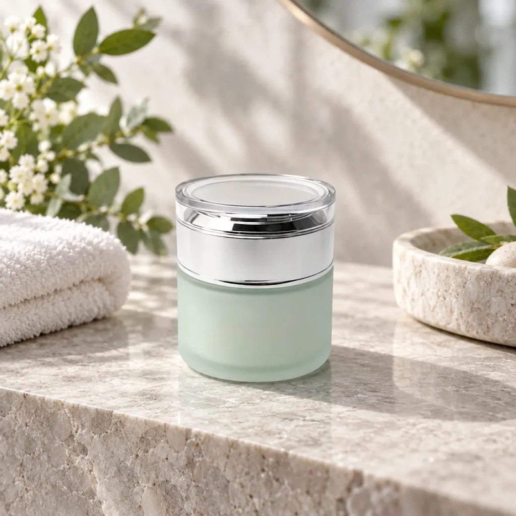 Frosted glass cosmetic cream jar with a silver lid displayed in a skincare packaging setting, illustrating the 50g container format for facial cream products.