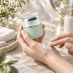 50g frosted glass face cream jar with a silver screw cap presented in a skincare application setting for facial cream and moisturizer packaging.