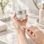 Clear glass cosmetic jar with a silver lid presented for face cream and moisturizer packaging