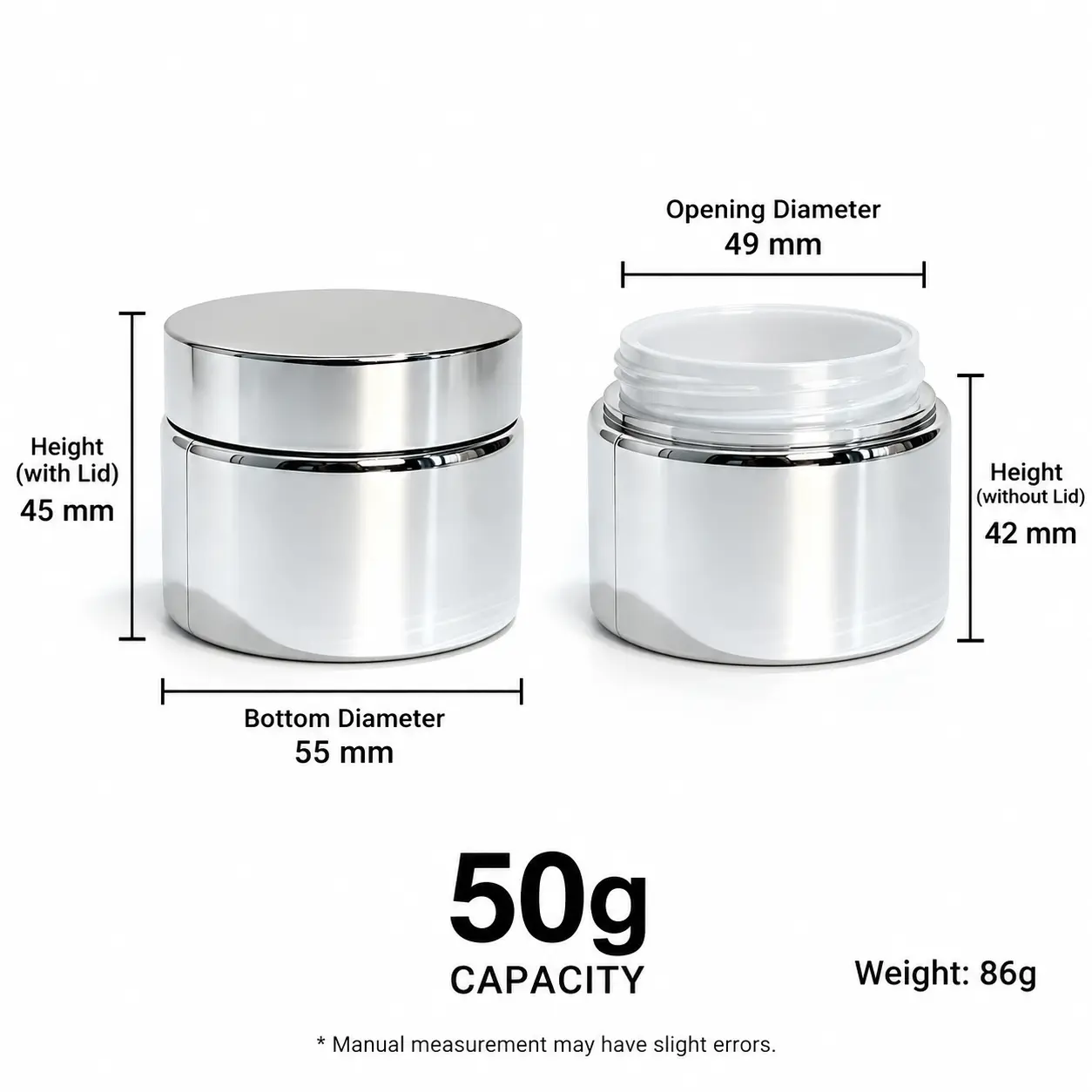 50g 실버 전기도금 유리 크림 자 – 치수 및 용량 50g 실버 전기도금 유리 크림 자의 치수 도면으로, 49 mm 입구 지름, 55 mm 바닥 지름, 뚜껑 포함 45 mm 전체 높이, 뚜껑 제외 42 mm 자체 높이를 보여줍니다.