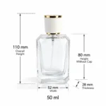Dimension diagram of the 50ml beveled rectangular perfume bottle showing 52mm width, 28mm depth, 110mm overall height, and 80mm bottle height without the cap.