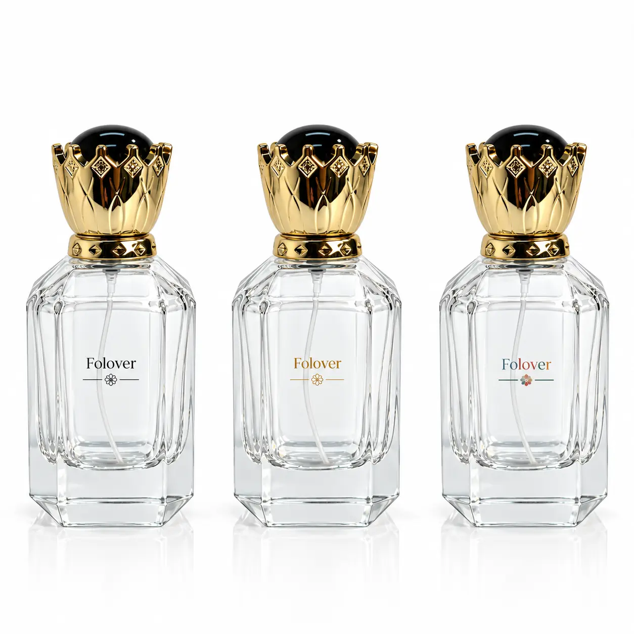 50ml Crown Cap Perfume Bottle – Custom Logo Printing Reference Custom logo printing reference for the 50ml crown cap perfume bottle showing proposed fragrance branding and decorative design arrangements.