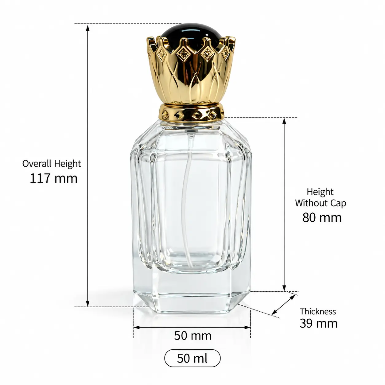 50ml Crown Cap Perfume Bottle – Dimensions and Capacity Dimension diagram of the 50ml crown cap perfume bottle showing the specified bottle measurements and nominal fragrance capacity.