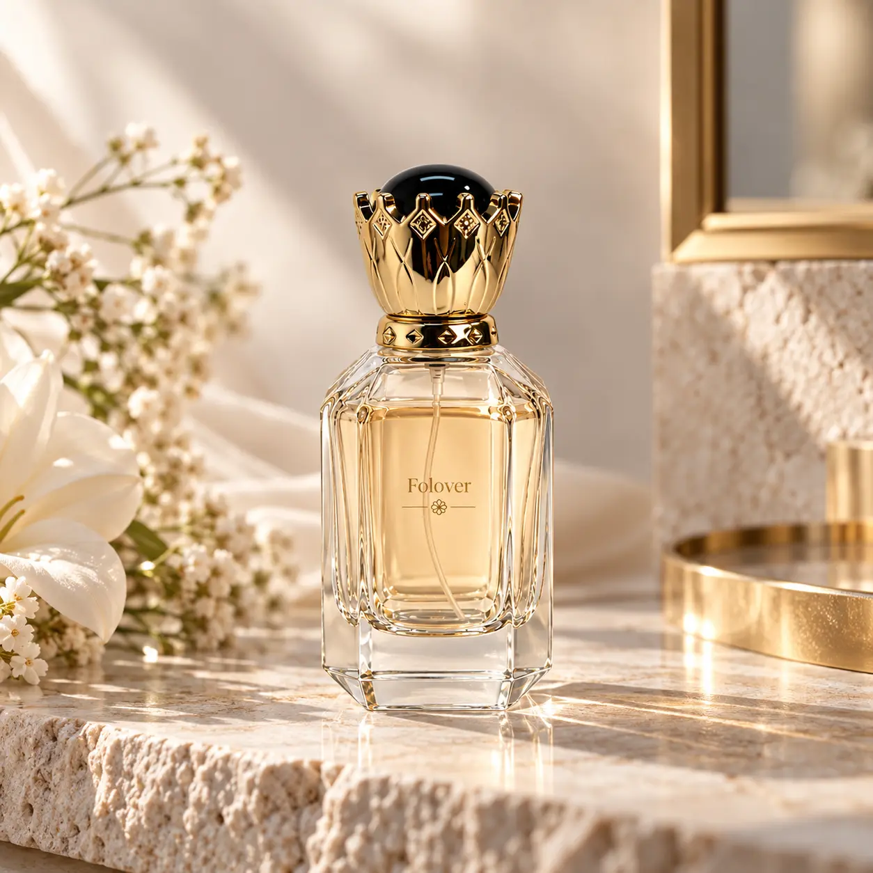 50ml Crown-Shaped Cap Perfume Bottle – Fragrance Display Decorative crown cap perfume bottle presented in a fragrance display setting to illustrate its packaging appearance.