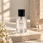 Kademeli boyun tasarımına ve dekoratif kapağa sahip monte edilmiş 50ml silindirik parfüm şişesi, parfüm sergileme ortamında sunulmaktadır.