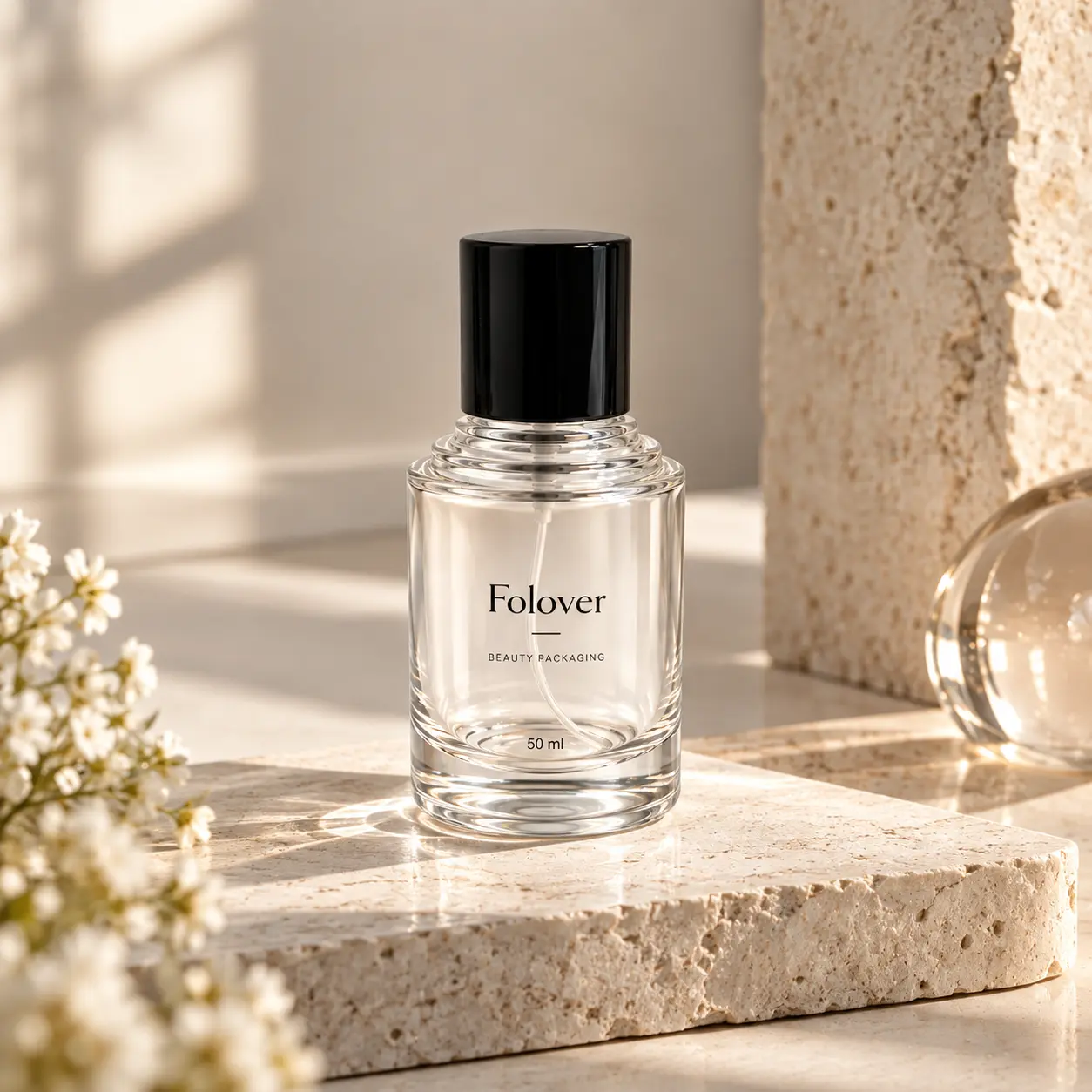 50ml Silindirik Parfüm Şişesi - Parfüm Sergileme Sahnesi Kademeli boyun tasarımına ve dekoratif kapağa sahip monte edilmiş 50ml silindirik parfüm şişesi, parfüm sergileme ortamında sunulmaktadır.