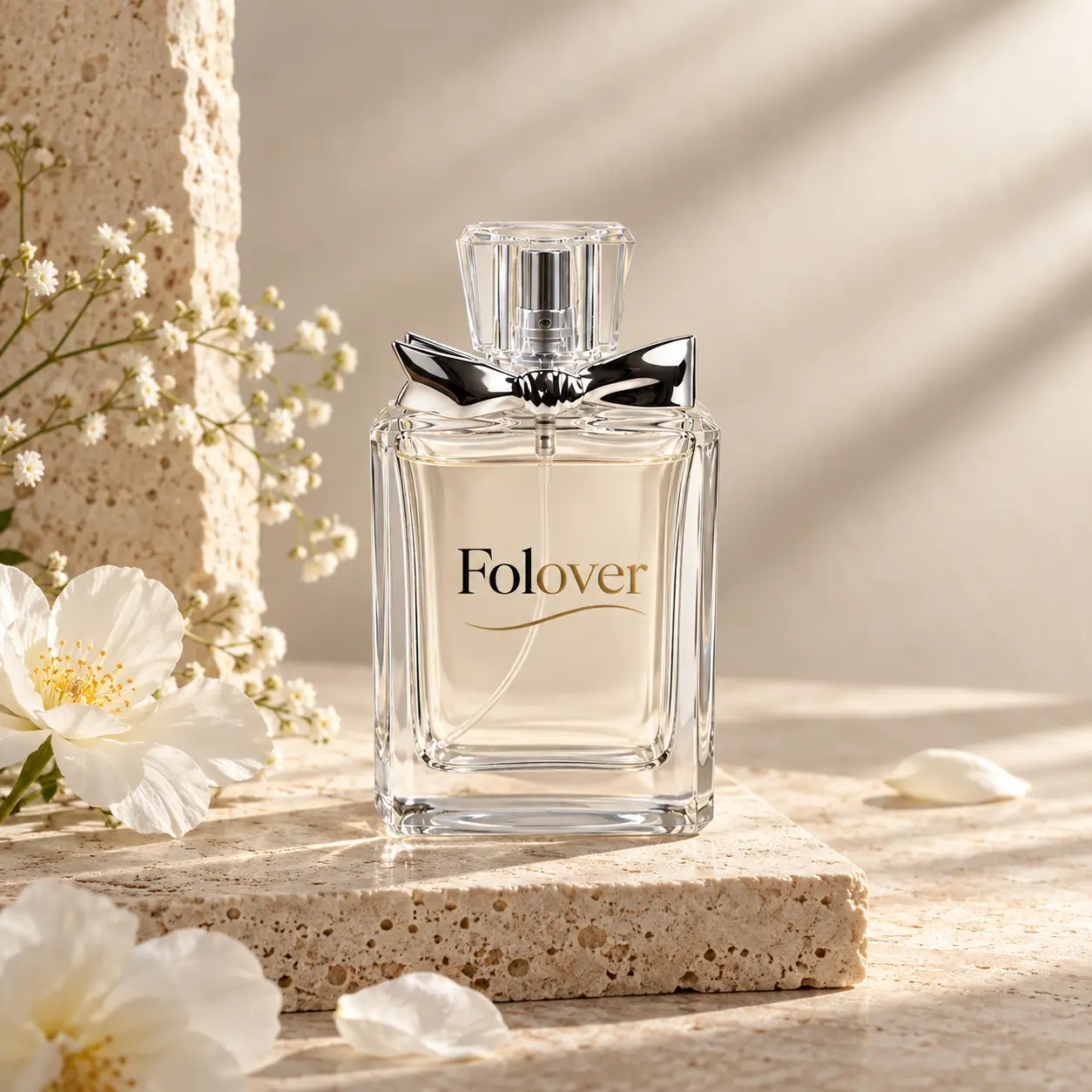 50ml 장식 리본 향수병 - 향수 디스플레이 향수 디스플레이 환경에서 연출된 50ml 장식 리본 향수병으로, 직사각형 실루엣과 장식적인 병 디자인을 강조합니다.