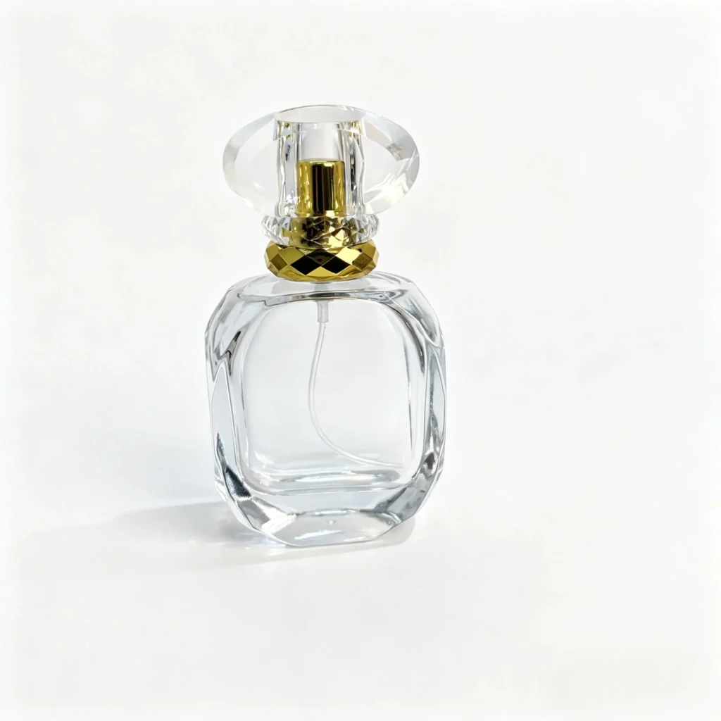 Front view of a 50ml diamond cut glass perfume bottle with a golden base, spray assembly, and matching cap.