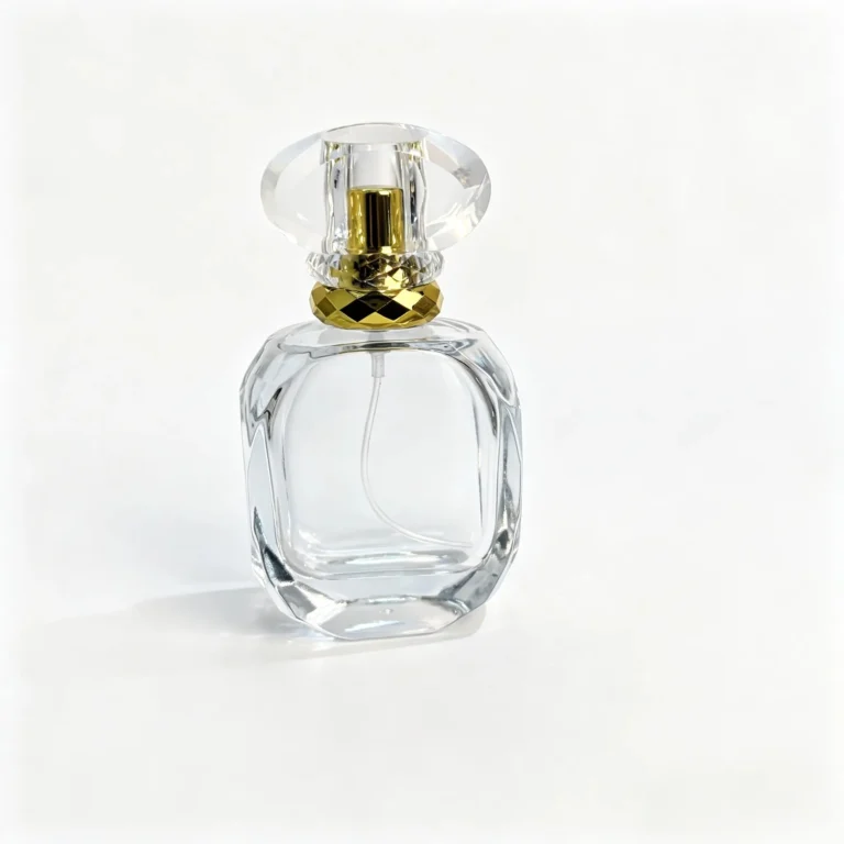 Front view of a 50ml diamond cut glass perfume bottle with a golden base, spray assembly, and matching cap.