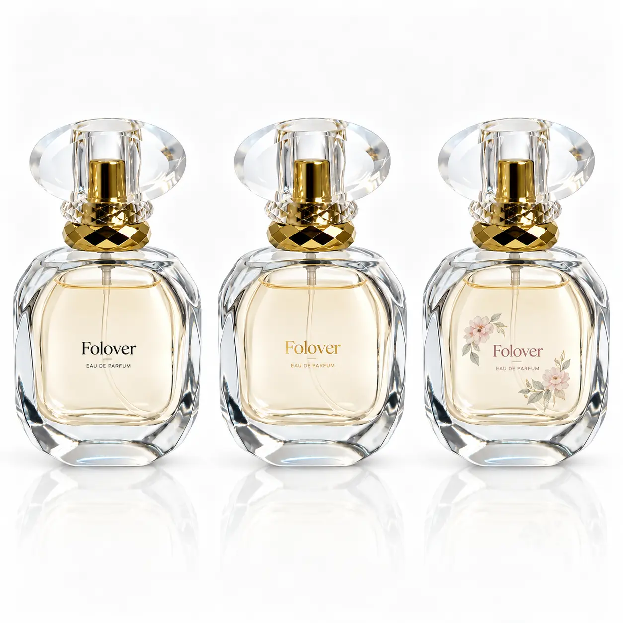 50ml Diamond Cut Perfume Bottle – Custom Logo Printing Reference Custom logo printing reference for the 50ml diamond cut perfume bottle showing branding concepts on its geometric glass body with a golden base.