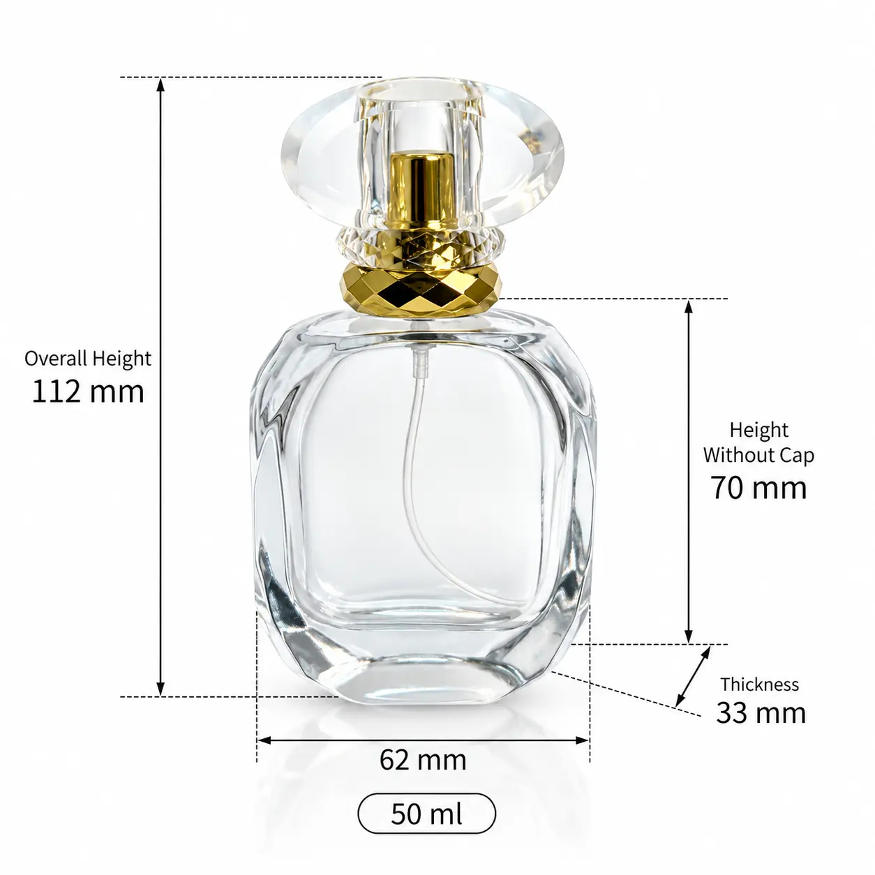 50ml Diamond Cut Perfume Bottle – Dimensions and Capacity Dimension diagram of the 50ml diamond cut perfume bottle showing the 62 × 33 × 112 mm assembled dimensions, 70 mm bottle height without the cap, and 194 g weight.