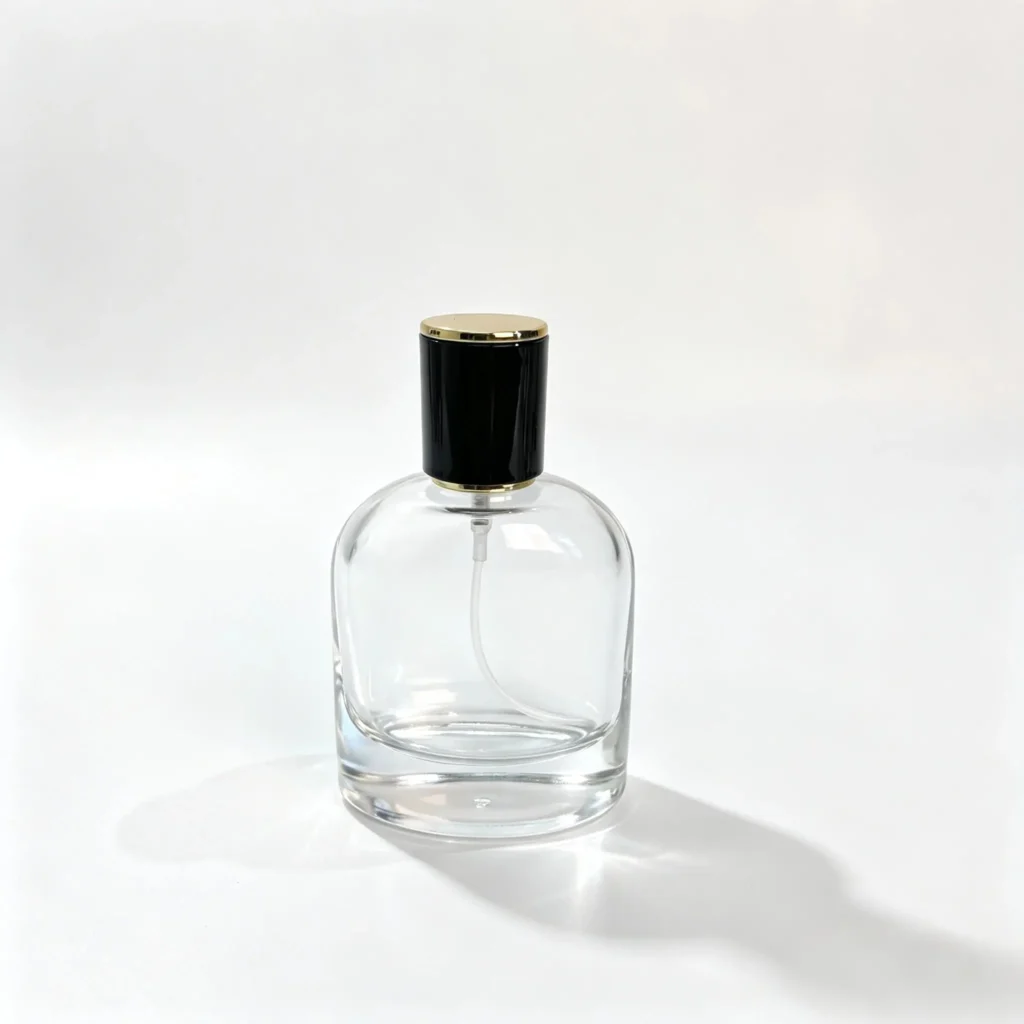 Vedere frontală a sticlei de parfum în formă de ou 50ml cu corpul său oval, baza groasă și capacul decorativ asamblate pentru ambalarea parfumului.