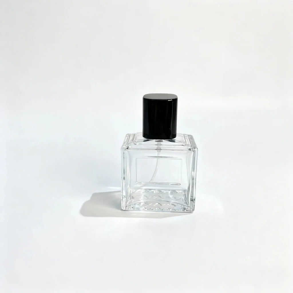 Front view of the 50ml embossed frame perfume bottle featuring a square-style body with a raised rectangular border and glossy black straight cap.