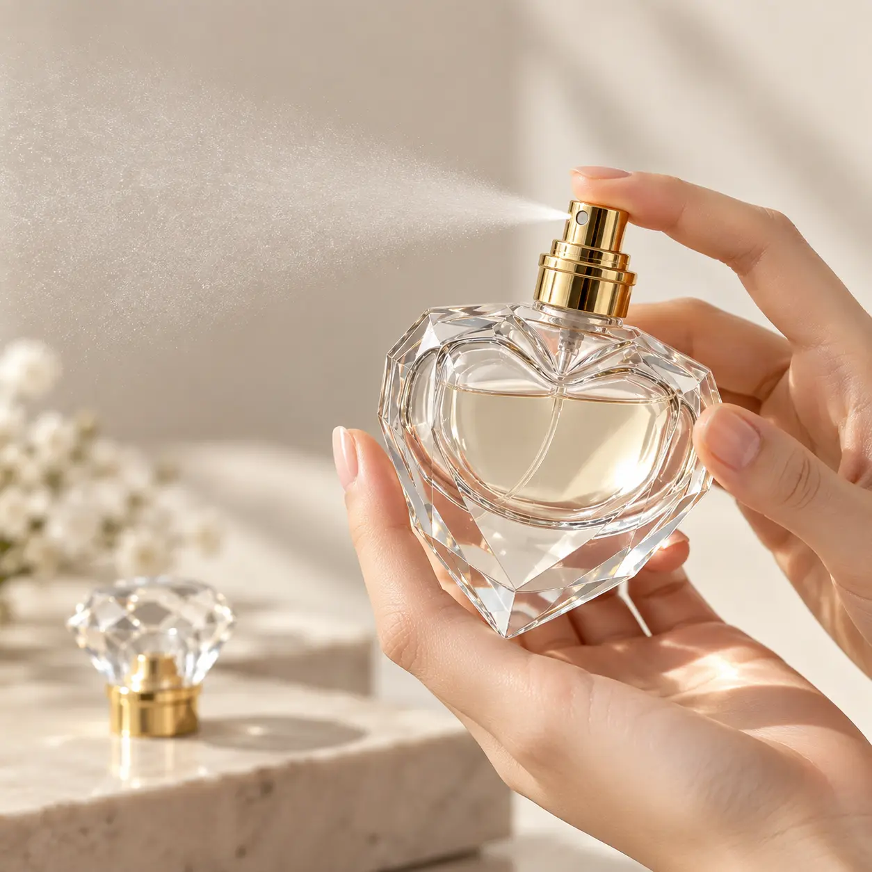 50ml Heart-Shaped Glass Perfume Bottle – Fragrance Display 50ml heart-shaped glass perfume bottle presented in a fragrance display setting with a faceted glass body and clear decorative cap.