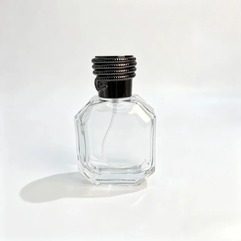 Front view of the 50ml octagonal perfume bottle featuring its geometric body and distinctive black coil-design cap.