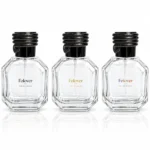 Custom logo printing reference for the 50ml octagonal perfume bottle, showing branding options on the geometric bottle body with a black coil-design cap.