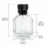 Dimension diagram of the 50ml octagonal perfume bottle showing its 59 × 32 × 98 mm assembled dimensions, 69 mm bottle height without the cap, and 141 g weight.